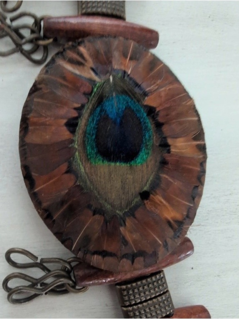 Vintage Lee Sands Bohemian Peacock Feather Wood Accent Belt - Teal & Brown - Picture 2 of 5